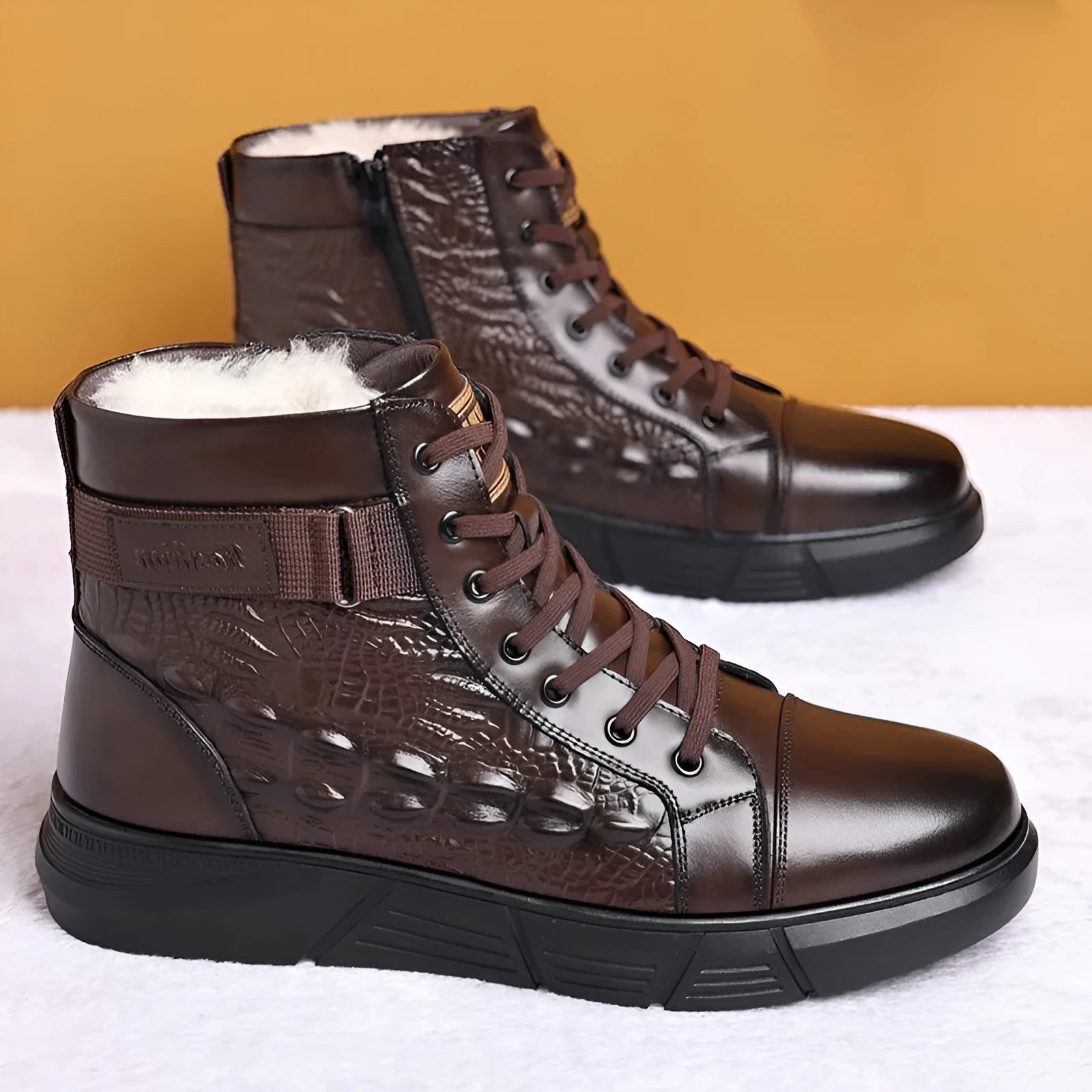 Genuine leather snow boots with fur lining and rubber soles in black or brown velvet
