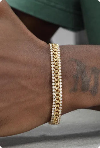 Gold tennis bracelet with electroplated finish and artificial gemstone inlay on titanium steel