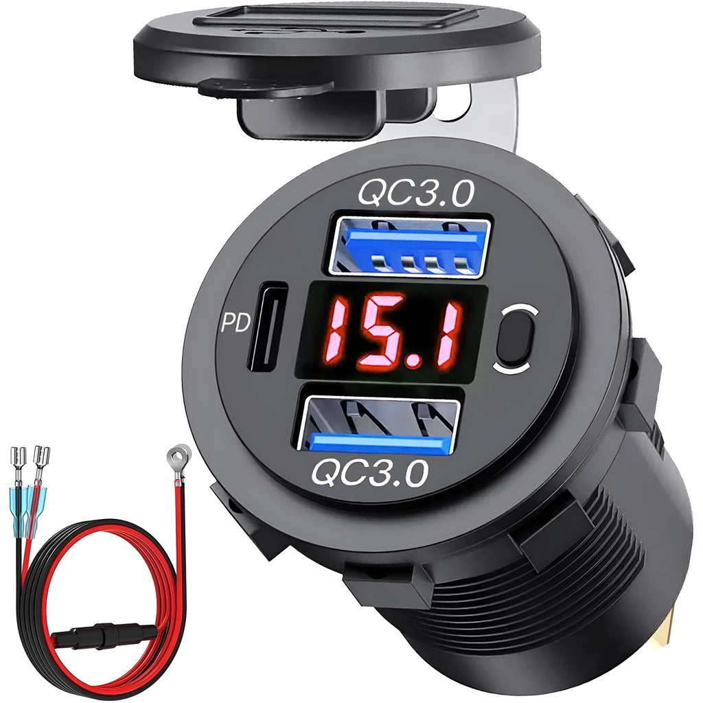 Modified Dual QC Car Phone Charger PD30 with Digital Display in blue with wire