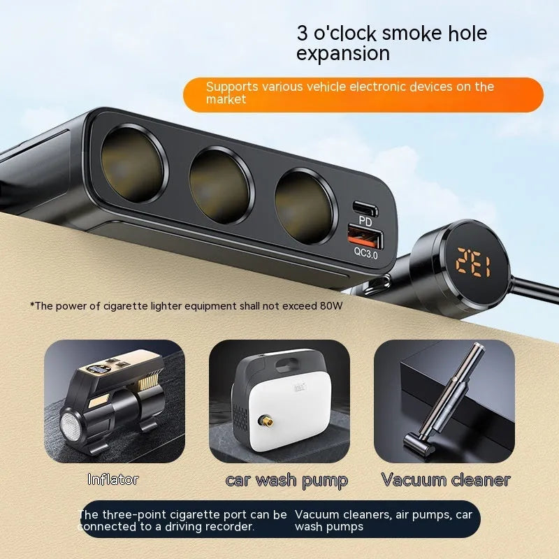 C28 black vehicle cigarette lighter charger with USB 3.0, QC 3.0 and PD ports on 1 metre cable