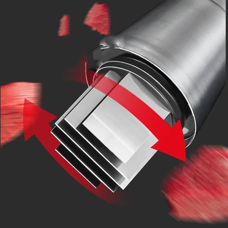 Black manual garlic crusher and onion chopper with stainless steel blades on kitchen counter