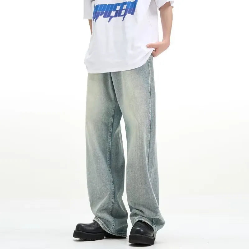 Blue retro loose-fit casual trousers made from rabbit fur fabric on a neutral background.