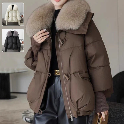 Women's winter down jacket with elegant fur collar available in brown, black, and white.