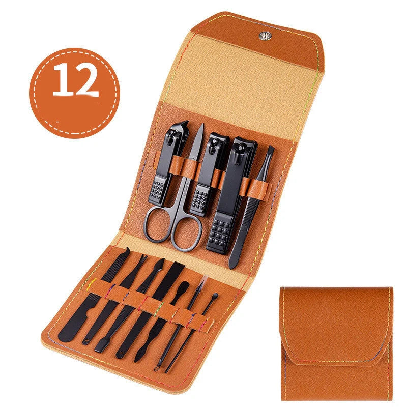 Professional Nail Care Set with stainless steel tools in a leather case