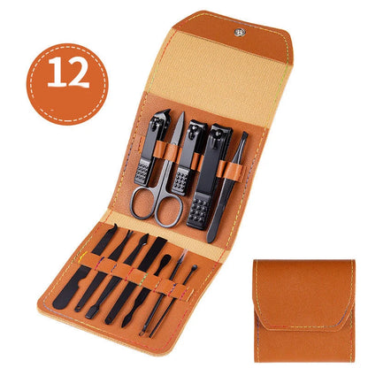 Professional Nail Care Set with stainless steel tools in a leather case