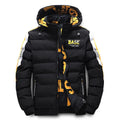 Men's winter thickened coat jacket with detachable collar and hood in solid black colour, regular fit, size M to 5XL