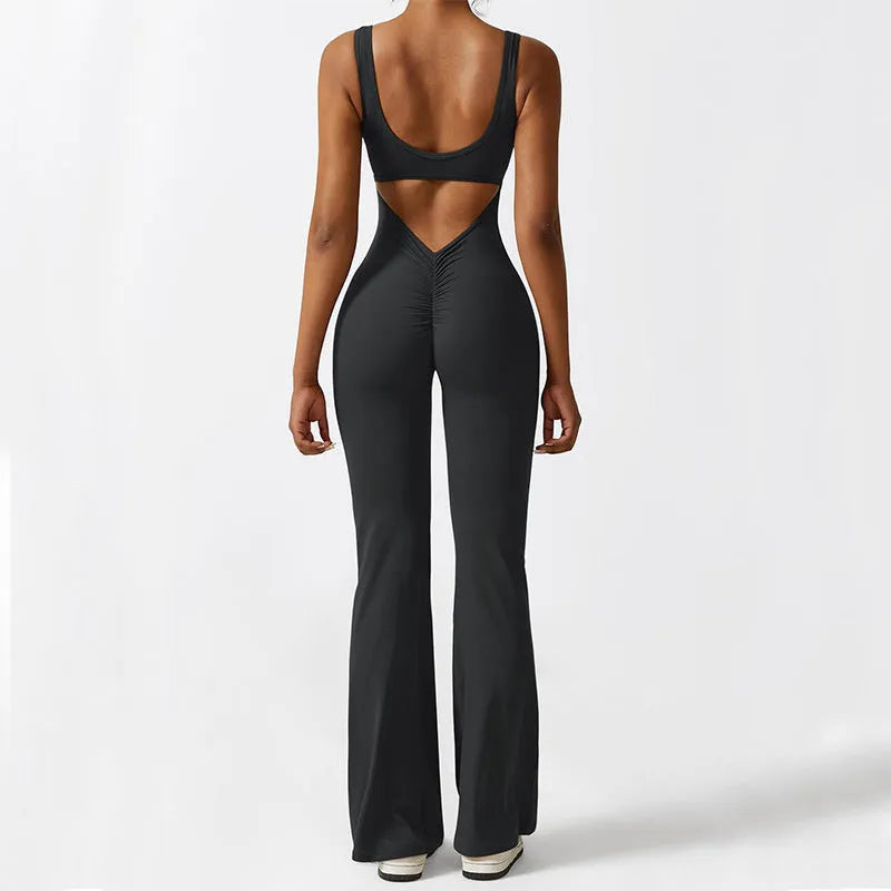 Women's sleeveless flare jumpsuit fitness yoga pants in high elasticity polyester fabric