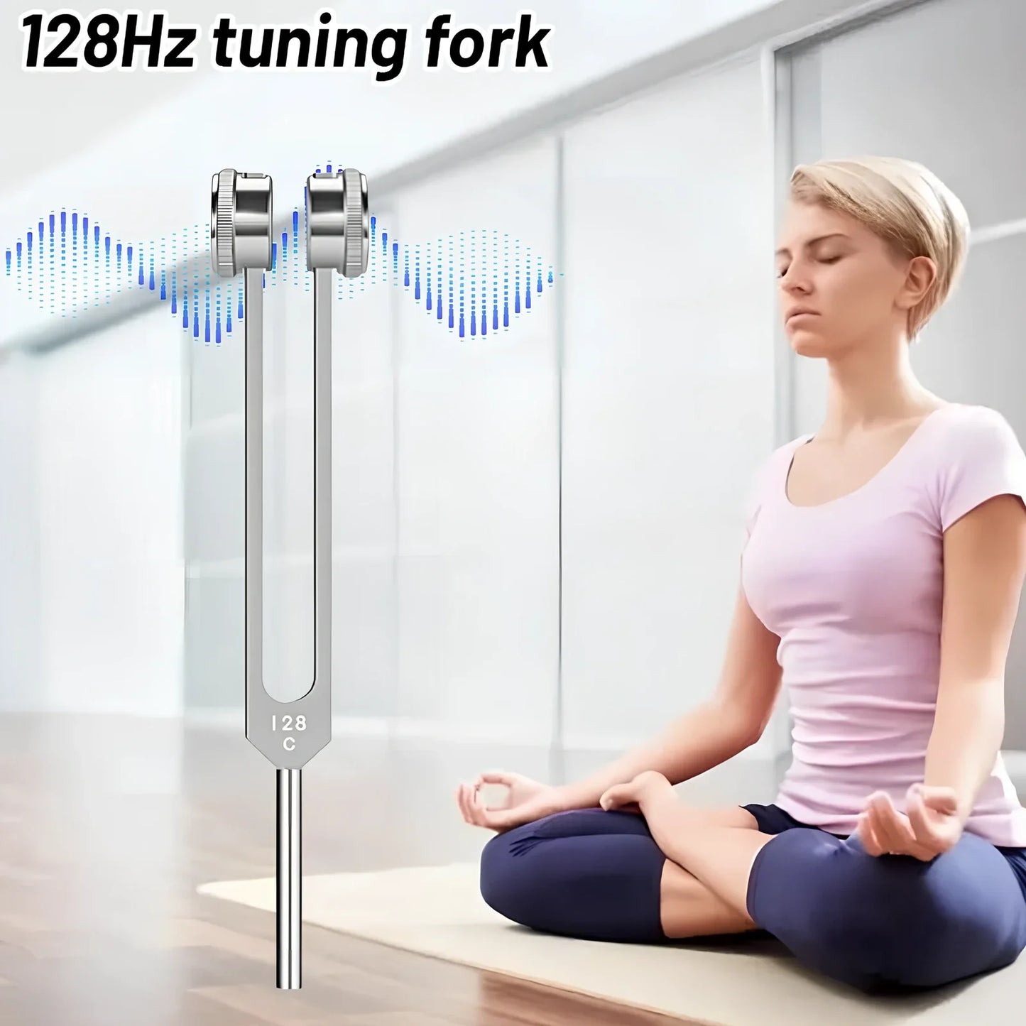 Silver 128 Hz weighted bio-acoustic tuning fork set with hammer, velvet pouch, and accessories for sound therapy