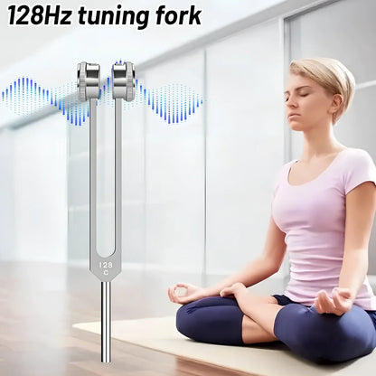 Silver 128 Hz weighted bio-acoustic tuning fork set with hammer, velvet pouch, and accessories for sound therapy