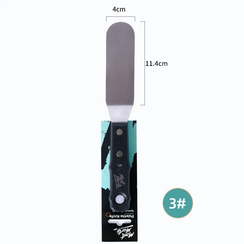 Set of three stainless steel oil painting palette knives showing No. 3, No. 10, and No. 12 scraper styles.