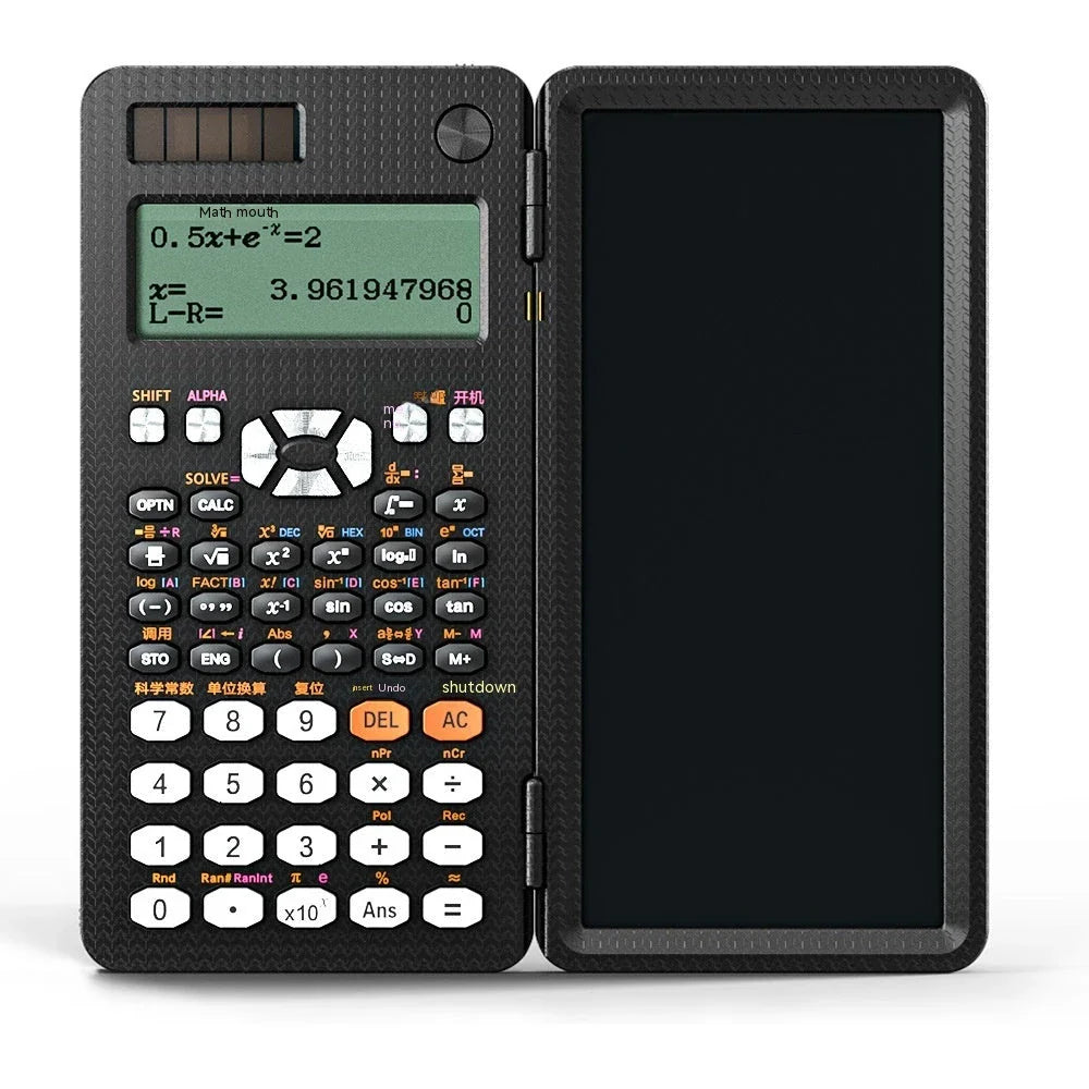 Foldable scientific calculator with integrated digital notepad for versatile productivity