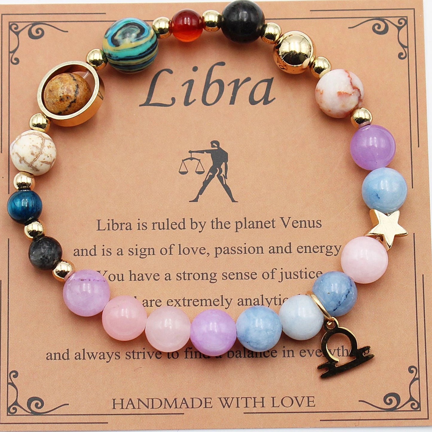 Morgan Stone beaded bracelet with twelve constellation designs, showcasing personalised zodiac signs.