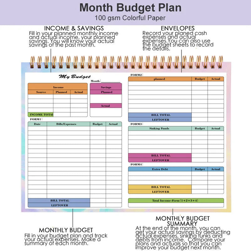 B5 size spiral-bound budget tally book with a PP cover, open on a table.