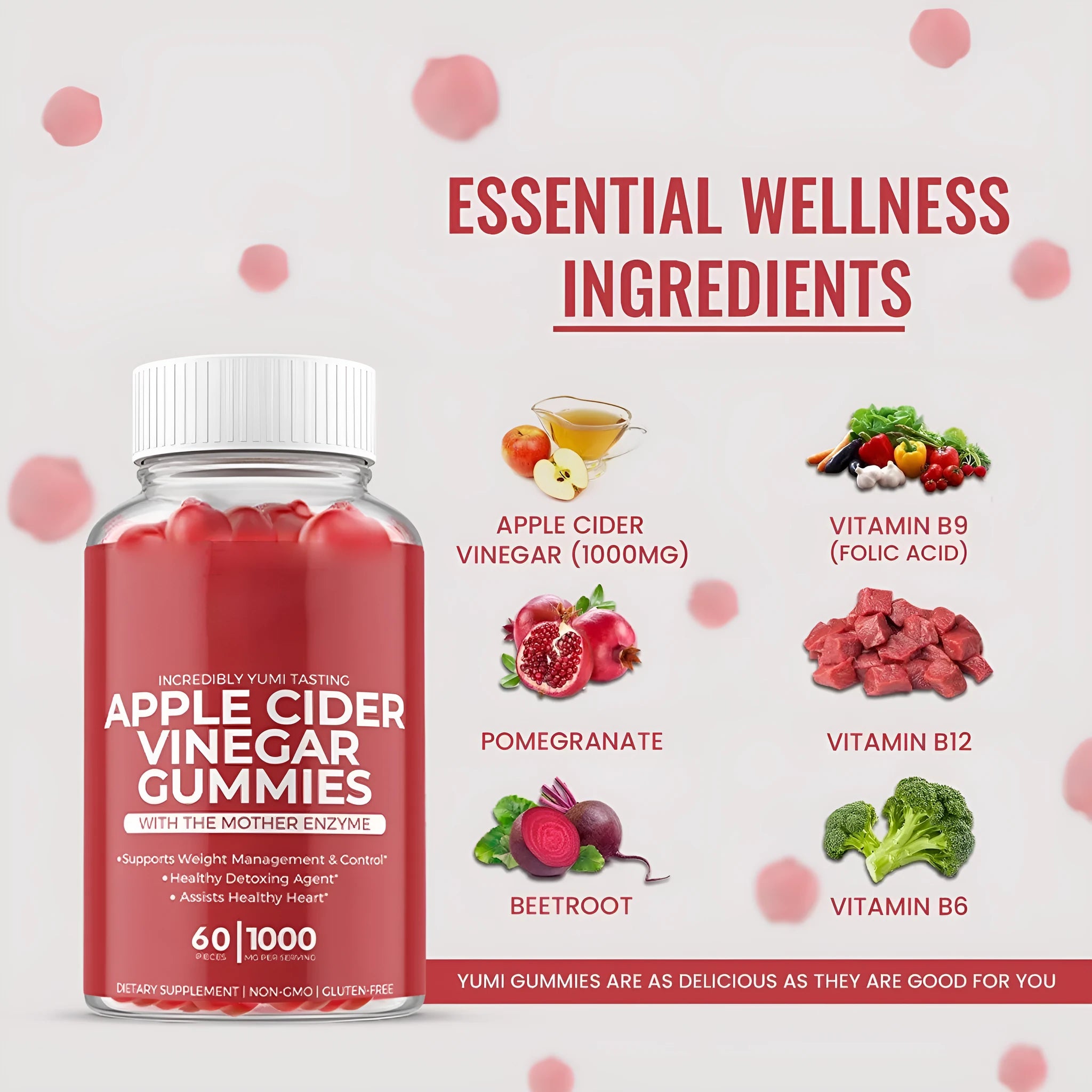 Bottle of 60 apple cider vinegar soft candy gummies for adults