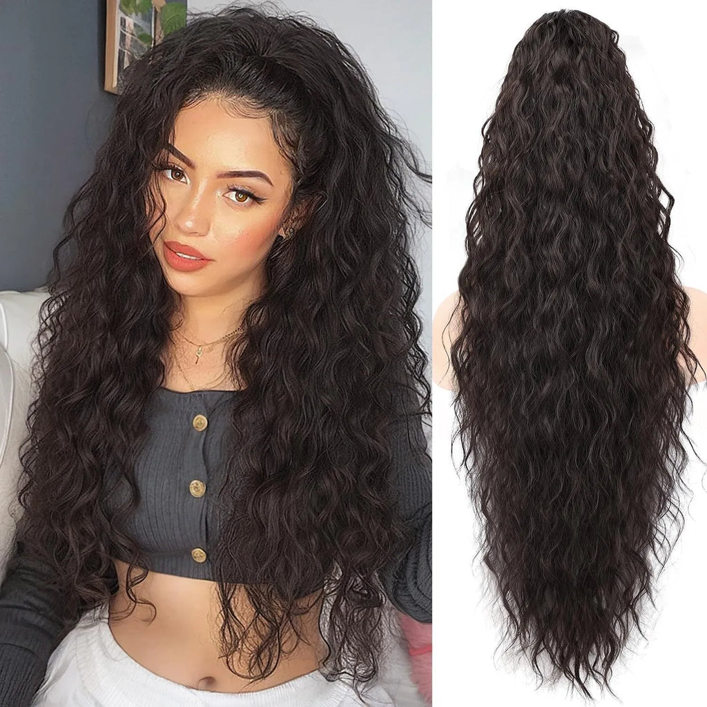 Fluffy long curly 30 inch grip ponytail wig in synthetic high temperature fibre