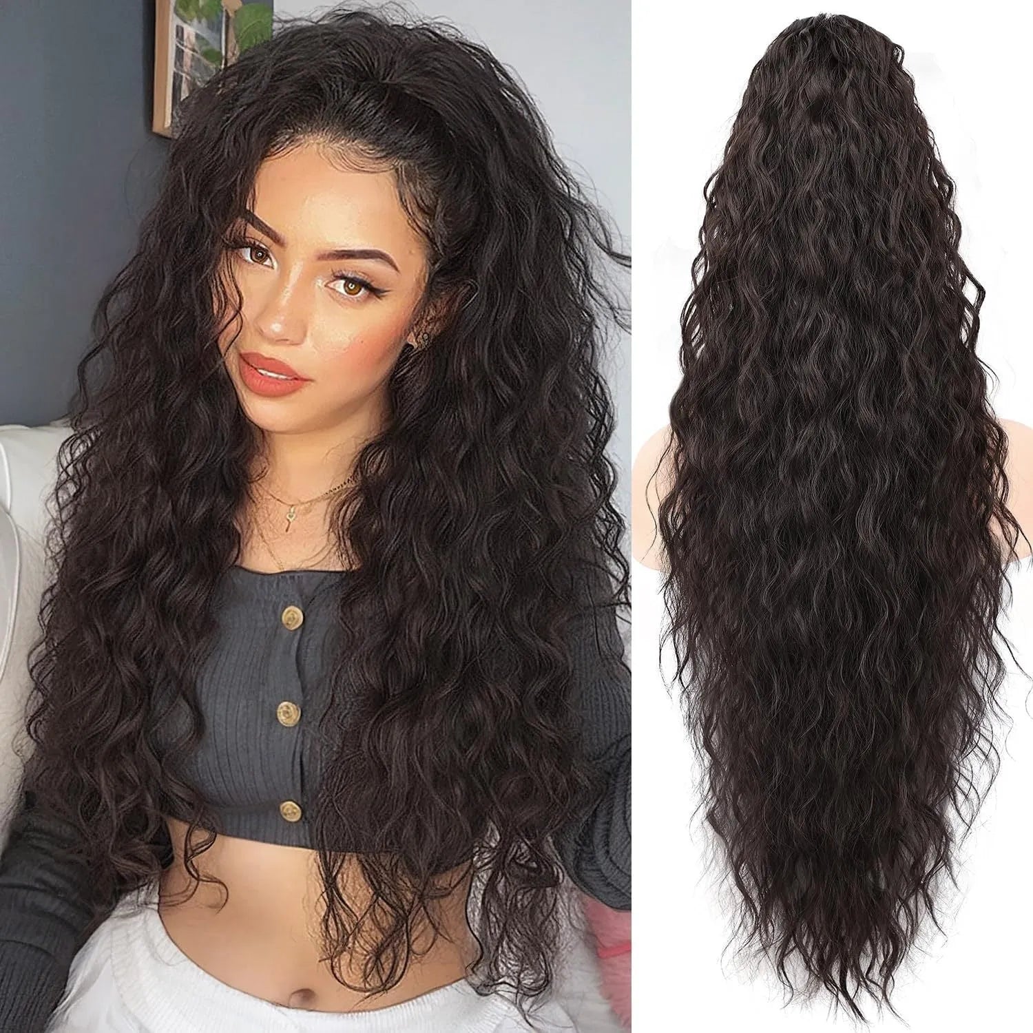 Fluffy long curly 30 inch grip ponytail wig in synthetic high temperature fibre