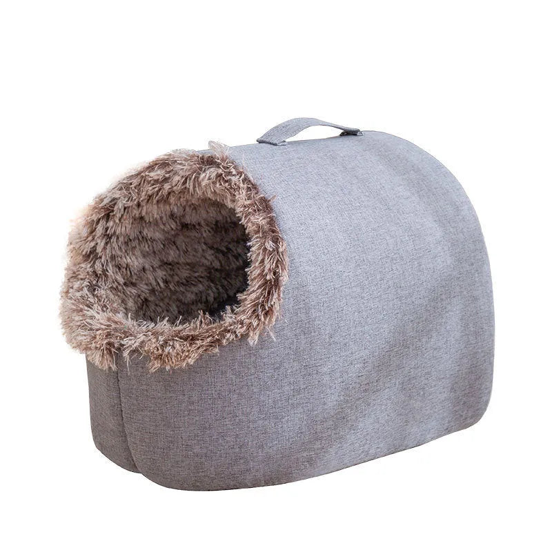 Grey fleece-lined closed cat sleeping bag bed shown next to a coffee-coloured one.