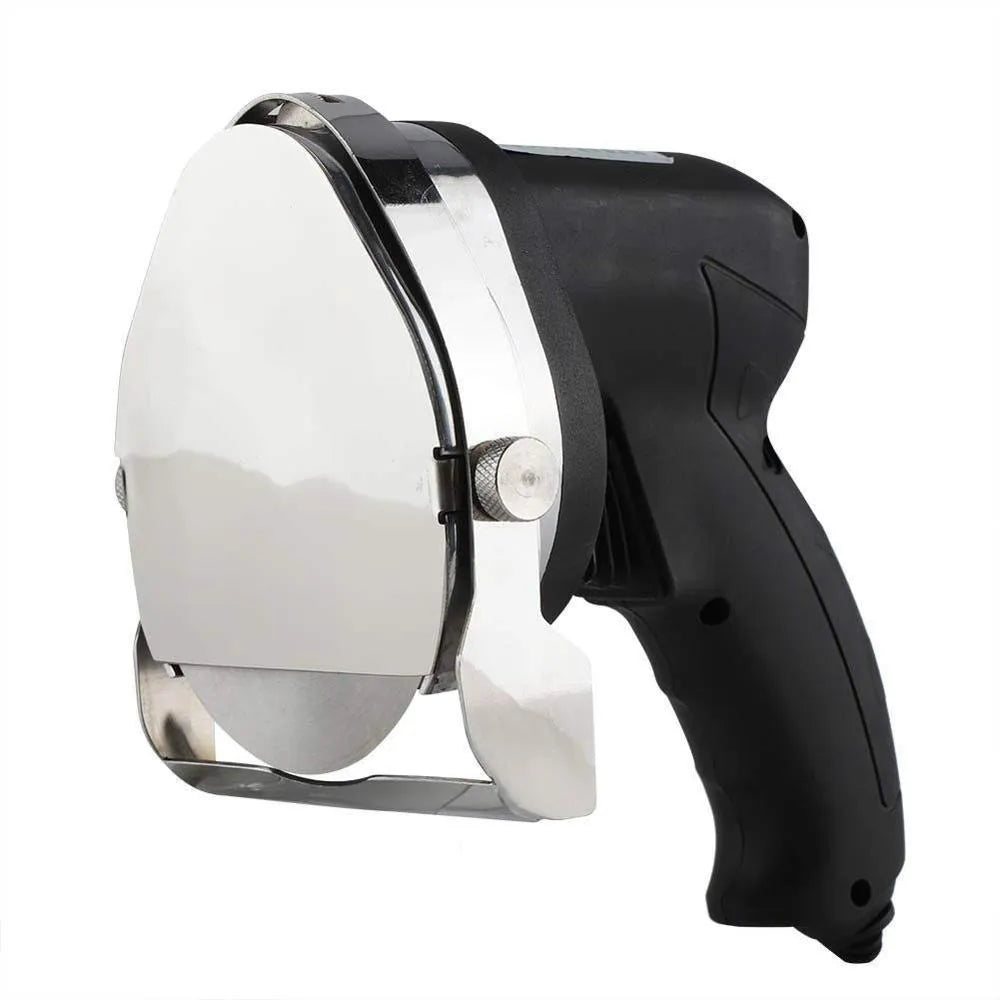 Black electric meat cleaver blade for a turkey barbecue machine with adjustable sizing.