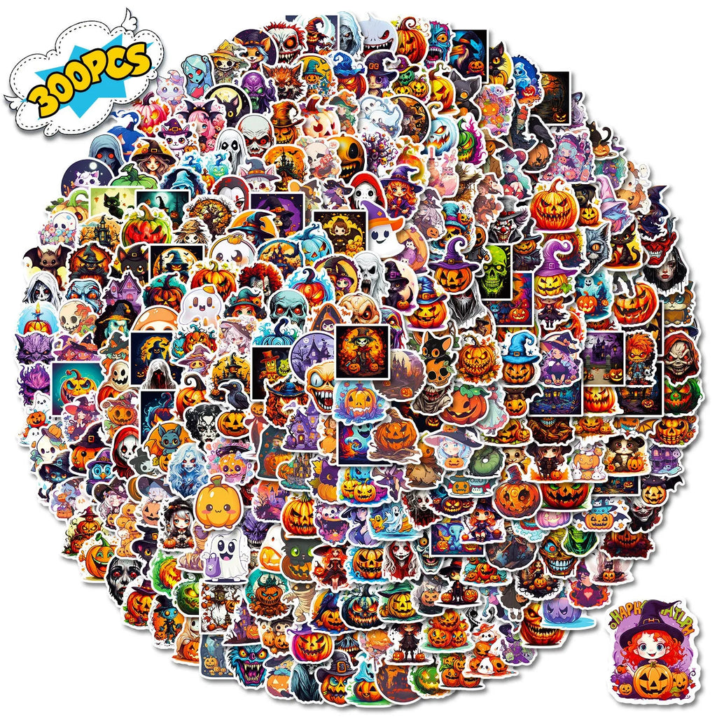 300 Halloween stickers with cartoon pumpkin, witch, and ghost graffiti designs on a white background