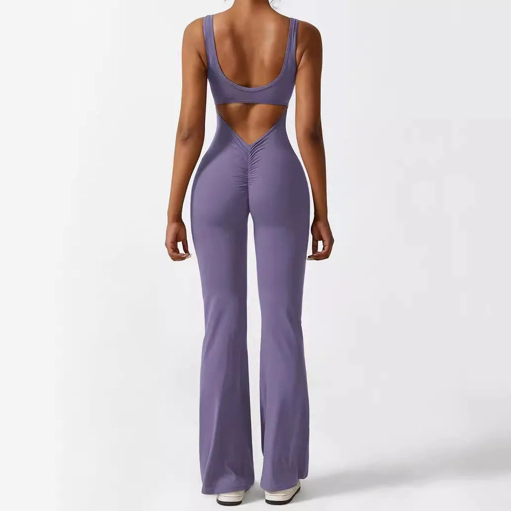 Women's sleeveless flare jumpsuit fitness yoga pants in high elasticity polyester fabric