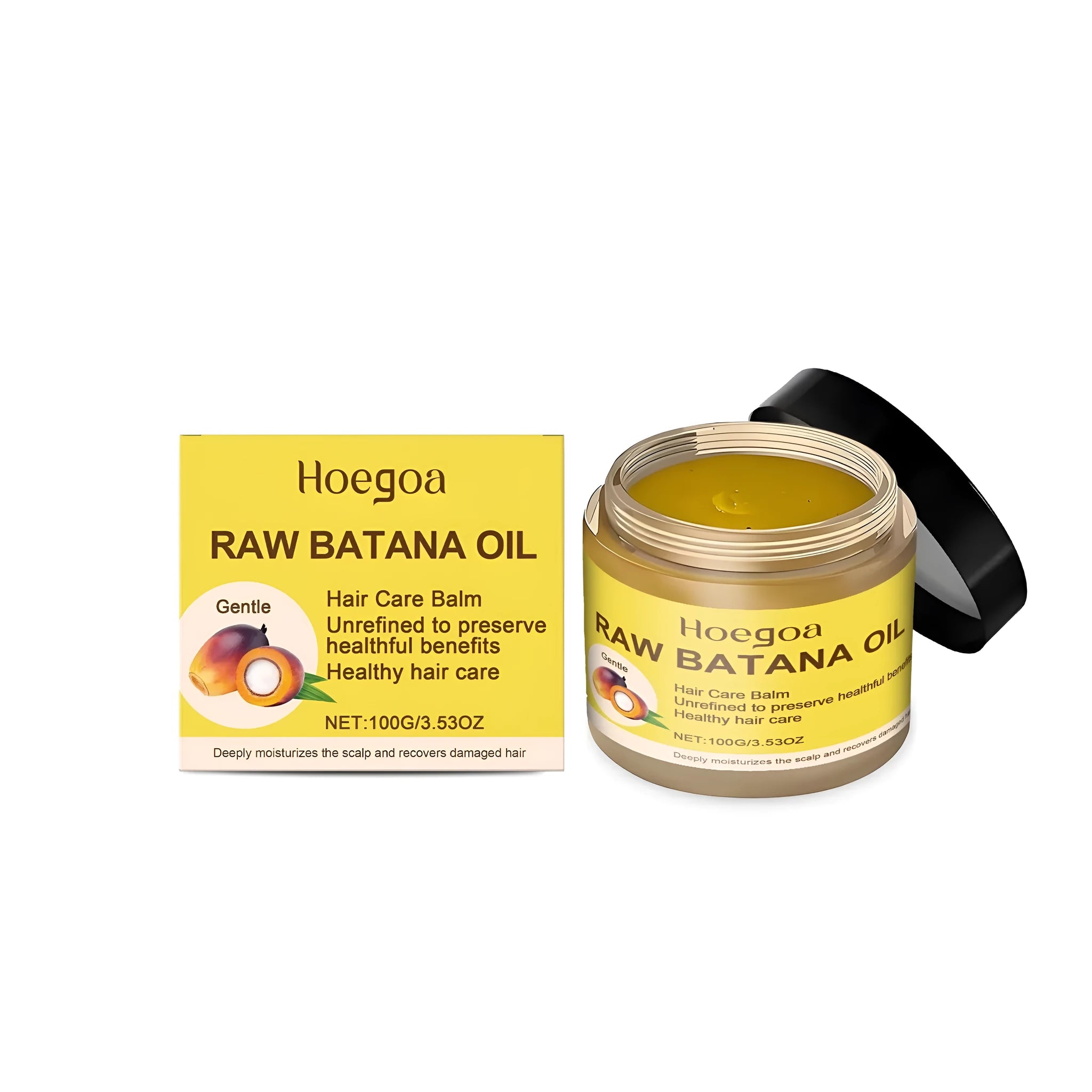 White 100g jar of Batana and ginger root hair growth cream with ingredients list.