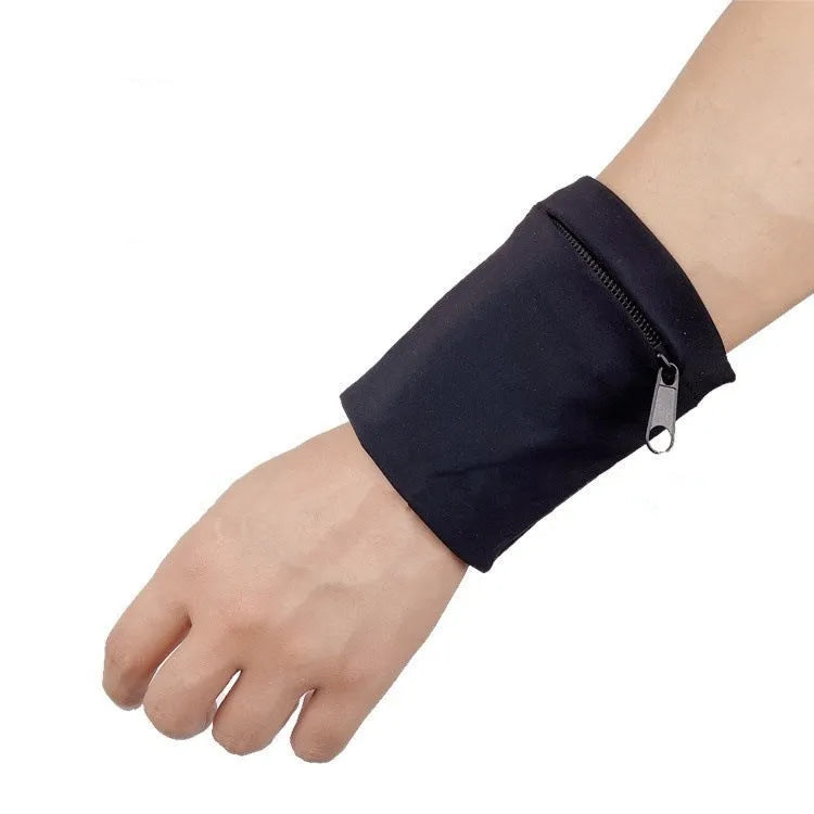 Compact 10 by 10.5 cm black armband sleeve for mobile phone, shown with packaging.