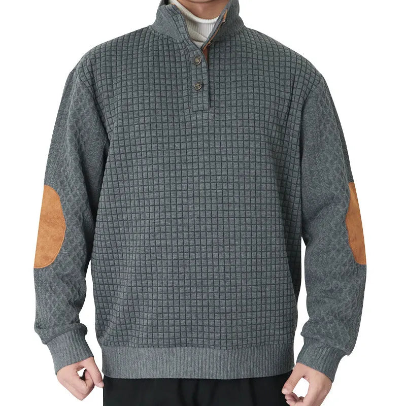 Men's long sleeve patchwork squares polyester fitted casual sweatshirt in army green on a model