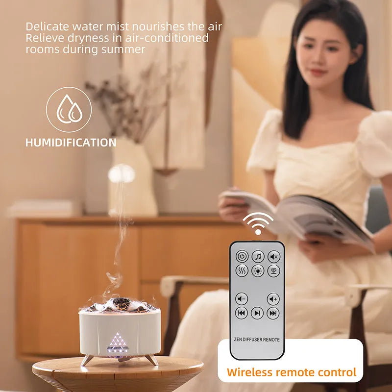 White portable simulated flame ultrasonic aromatherapy air humidifier with remote control on a table