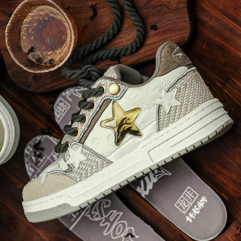 West Lake dragon well tea coloured leather platform running shoes with 3cm heel and lace-up front