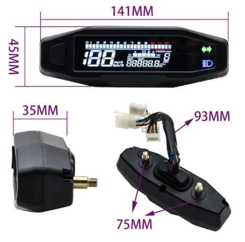 Black mini motorcycle LCD speedometer with oil gauge on a 103x25mm screen