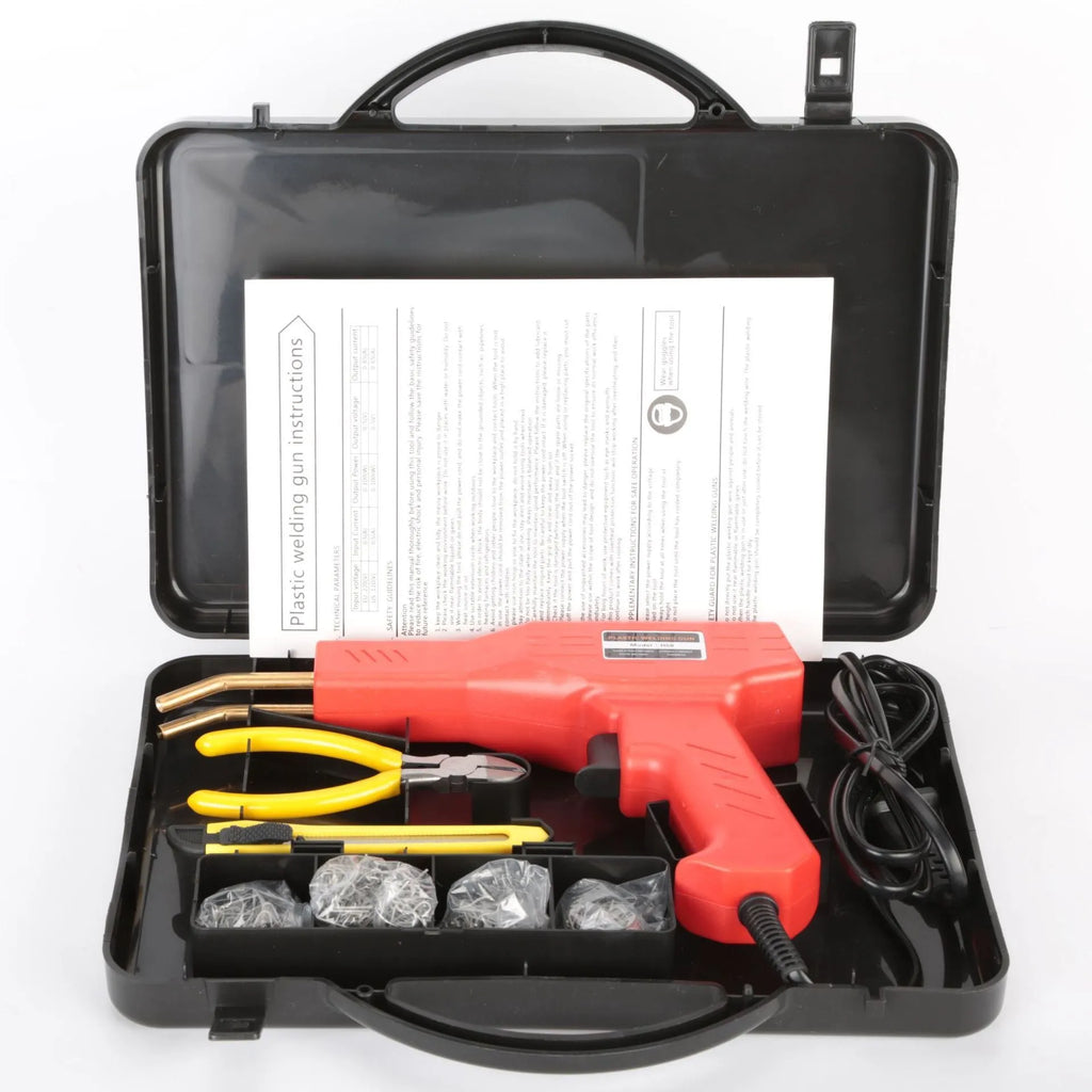 Red plastic welding gun for car bumper repair with pure copper transformer, nails, and pliers knife in black plastic box