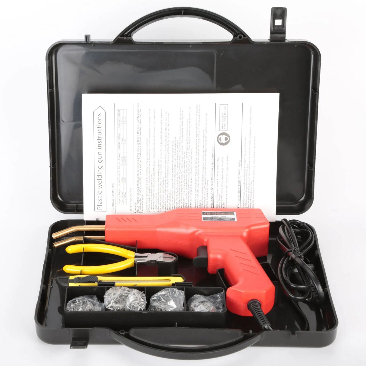 Red plastic welding gun for car bumper repair with pure copper transformer, nails, and pliers knife in black plastic box