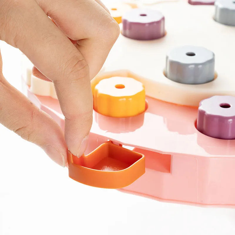Blue interactive dog slow feeder puzzle toy with compartmentalised design for educational feeding