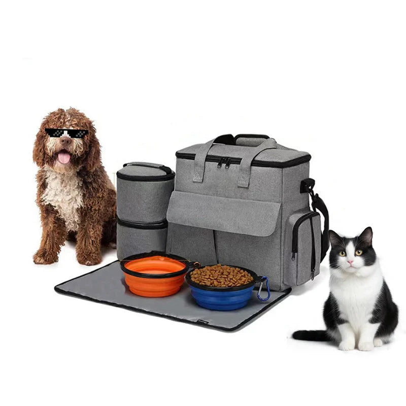 Grey dog travel backpack kit with removable divider and bonus training bag