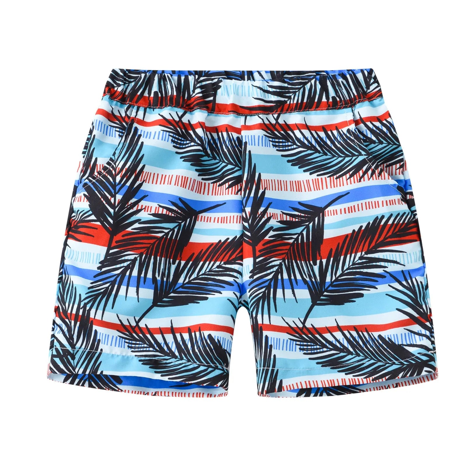 Children's colourful printed beach shorts with hairband belt waistband in coconut tree design