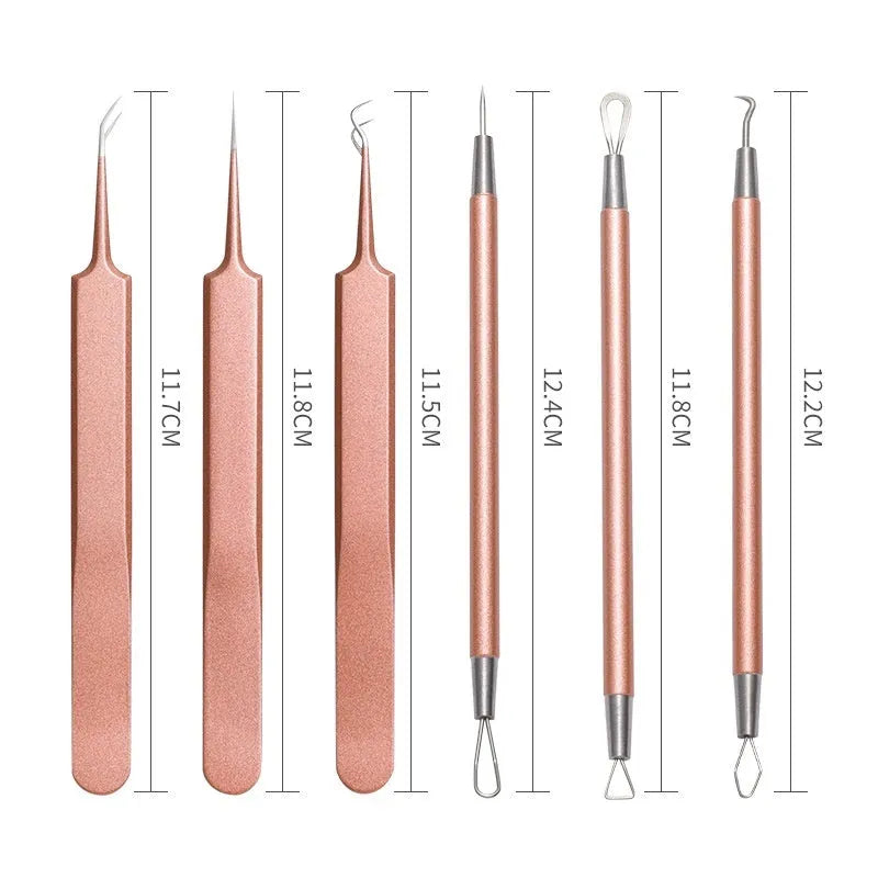 Six rose gold stainless steel acne removal tools arranged on a clean surface