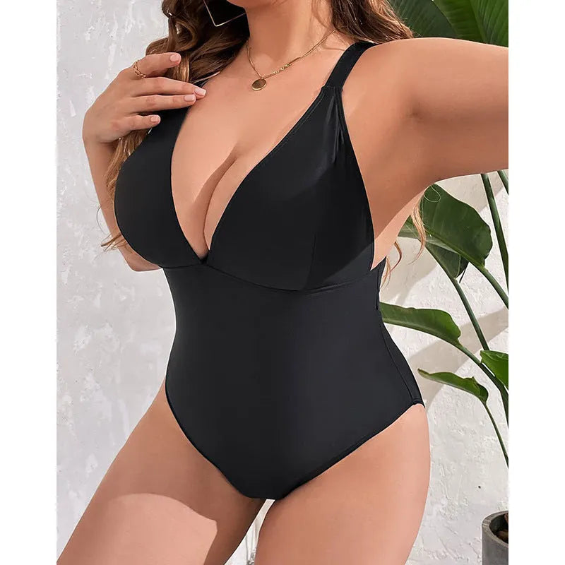 Siamese plus size one-piece swimsuit black V-neck tight fit slimming women swimming wading