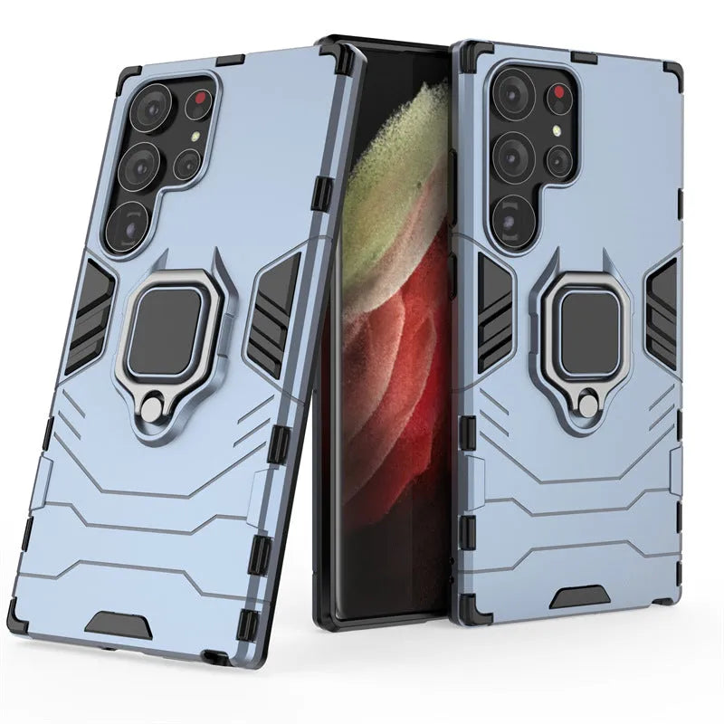 Black TPU PC phone case for Samsung Galaxy with kickstand bracket standing on a table