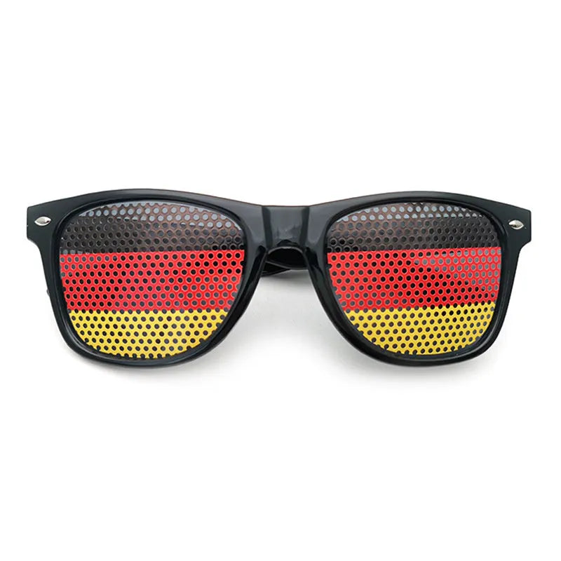 Black frame sunglasses with small hole sticker designs showing various national flags including USA UK Germany Italy France