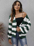 Women's striped deer plush woven cardigan sweater in blue, shown with button front and regular sleeves.