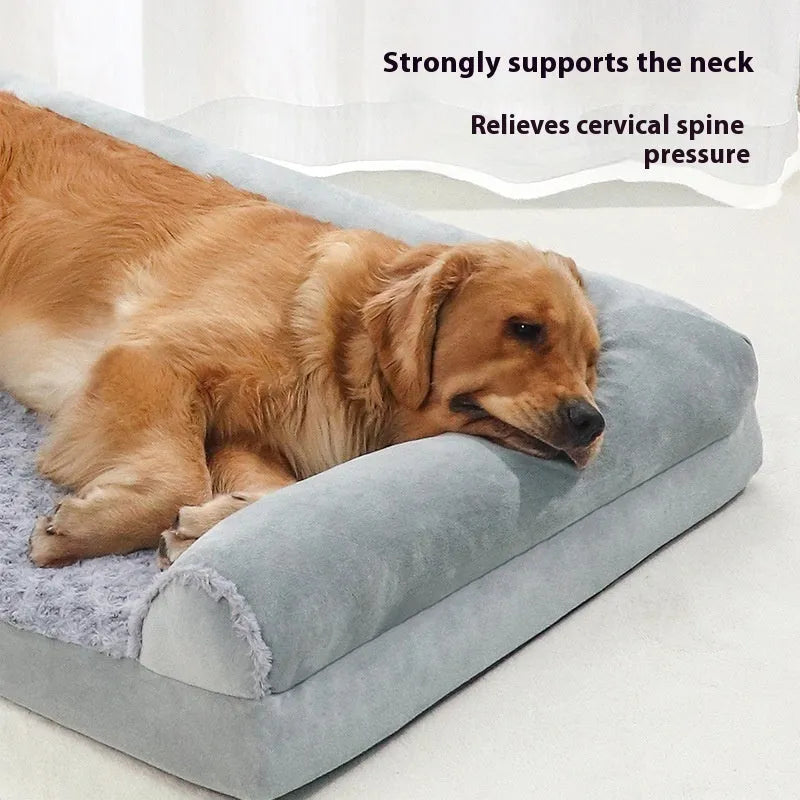 A light grey soft fabric dog kennel for large dogs, shown with size dimensions labelled.