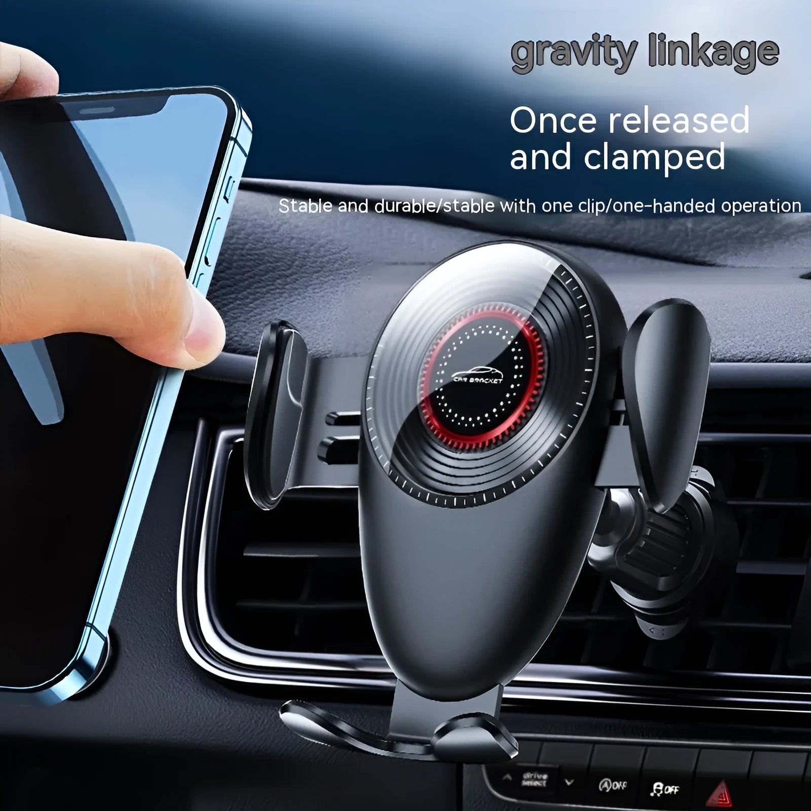 Black universal car air vent mobile phone bracket with adjustable clamping mechanism