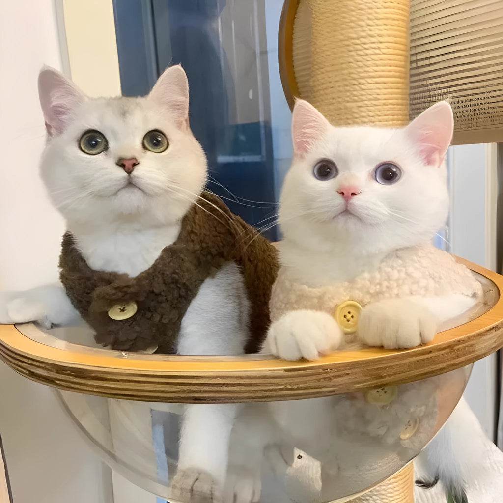 Apricot polar fleece cat winter vest shown on a mannequin, with size chart for XS to XL.
