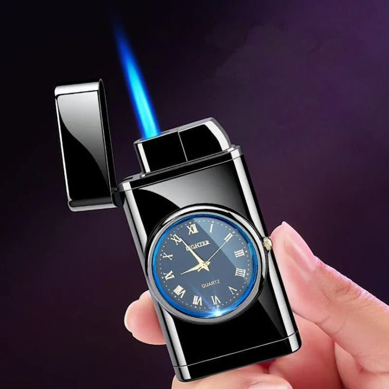 Multifunctional metal electronic watch and gas lighter with LED lamp shown in various colour finishes.