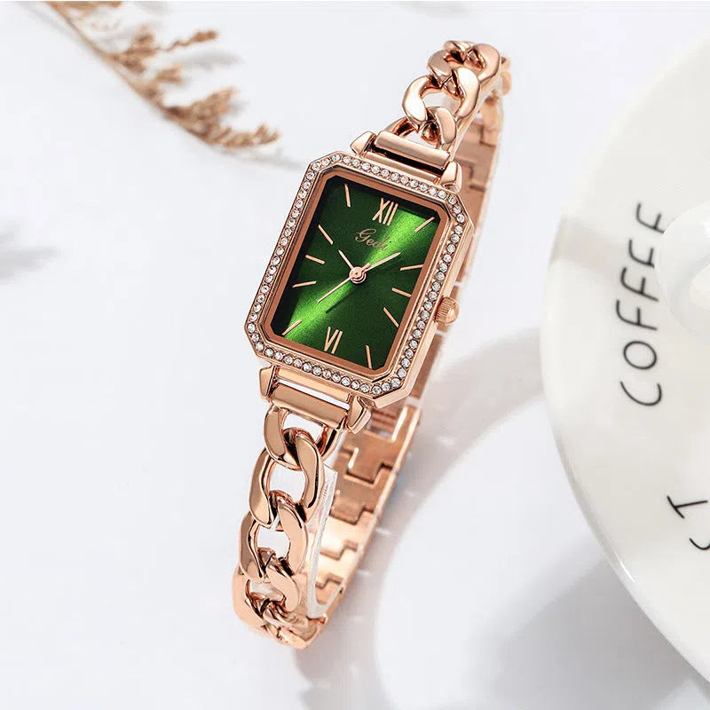 Rhinestone denim watch with square dial and small green watch face on stainless steel case