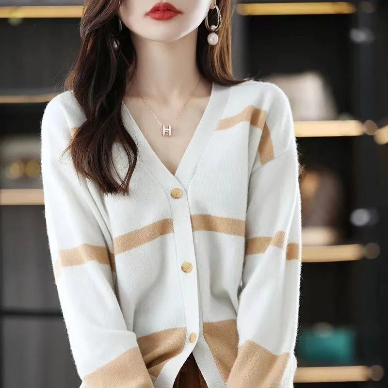 Women's striped V-neck button cardigan with 3D pattern in multiple colour options