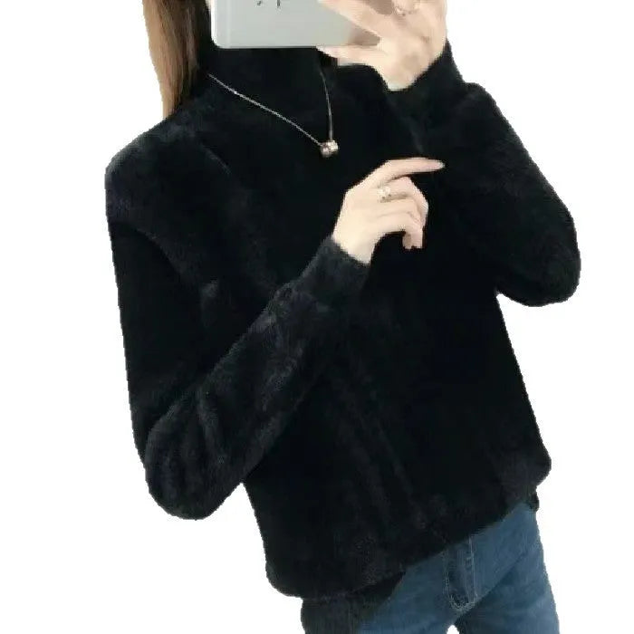 Women's half turtleneck solid colour long sleeve bottoming shirt in black, front view