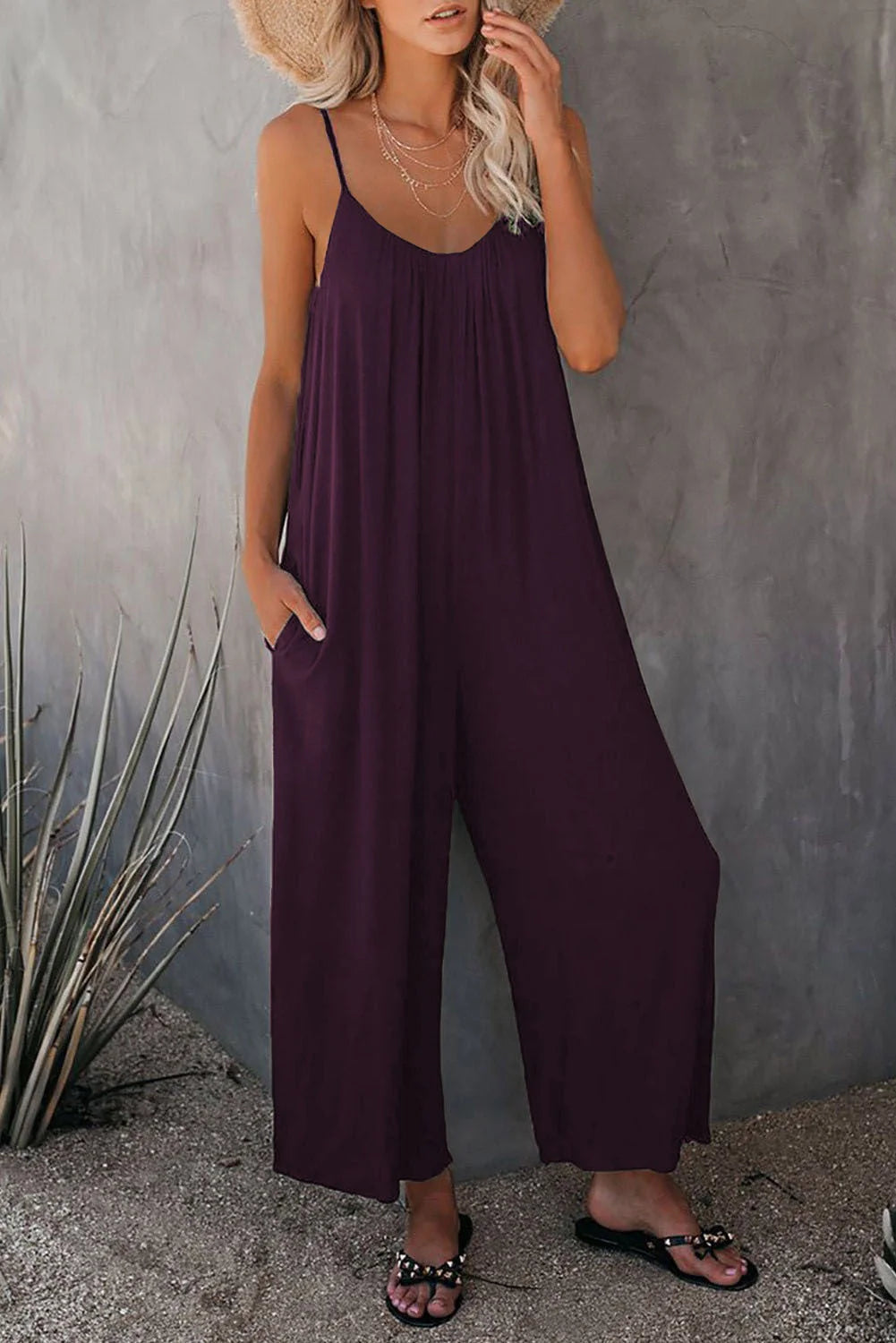 Women's sleeveless cotton blend jumpsuit with pockets, available in multiple colours