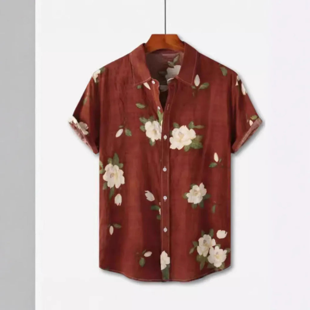 Hawaiian floral print short sleeve shirt with lapel collar in elastic polyester fabric.