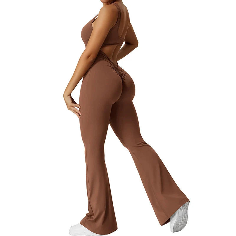 Slim fit hip raise jumpsuit in black and brown for yoga and exercise with backless design